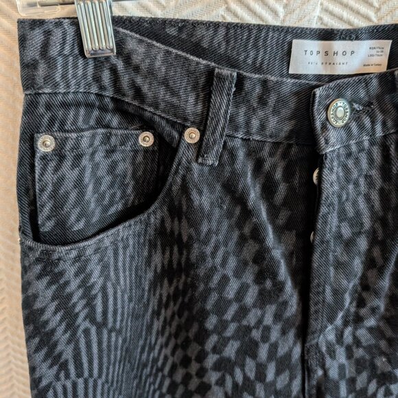 Topshop 90s Straight Jeans Black Warp Print W 28 L 30 Denim Optical Illusion - Picture 4 of 10